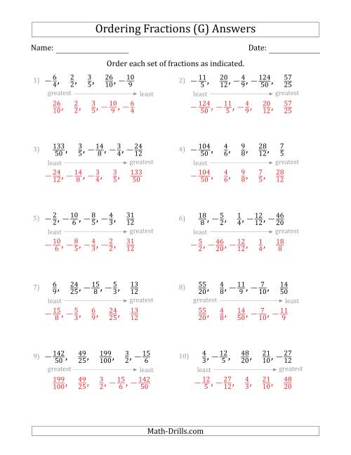 The Ordering Sets of 5 Positive and Negative Fractions with Improper Fractions (G) Math Worksheet Page 2