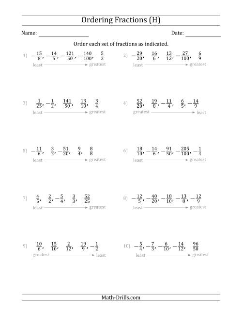 The Ordering Sets of 5 Positive and Negative Fractions with Improper Fractions (H) Math Worksheet
