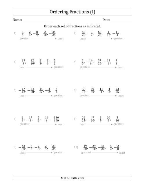 The Ordering Sets of 5 Positive and Negative Fractions with Improper Fractions (I) Math Worksheet