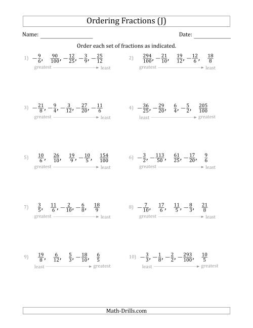 The Ordering Sets of 5 Positive and Negative Fractions with Improper Fractions (J) Math Worksheet