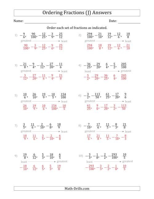 The Ordering Sets of 5 Positive and Negative Fractions with Improper Fractions (J) Math Worksheet Page 2