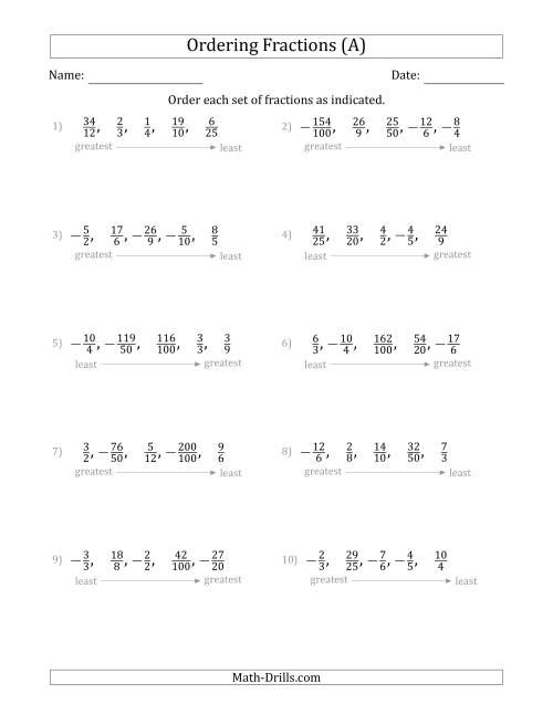 The Ordering Sets of 5 Positive and Negative Fractions with Improper Fractions (All) Math Worksheet