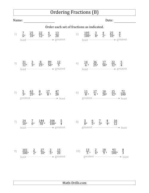 The Ordering Sets of 5 Positive Fractions with Improper Fractions (B) Math Worksheet