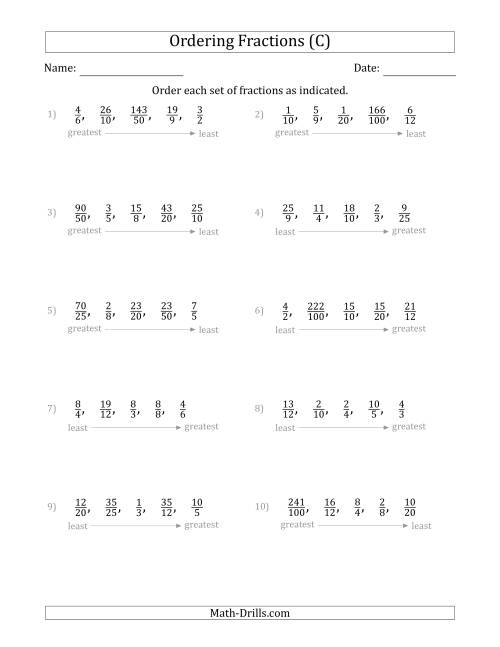 The Ordering Sets of 5 Positive Fractions with Improper Fractions (C) Math Worksheet