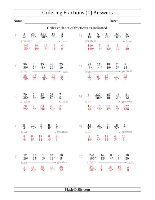 The Ordering Sets of 5 Positive Fractions with Improper Fractions (C) Math Worksheet Page 2