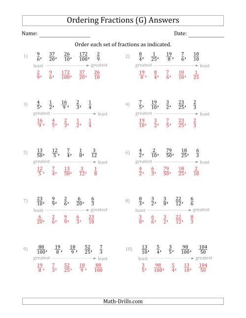 The Ordering Sets of 5 Positive Fractions with Improper Fractions (G) Math Worksheet Page 2