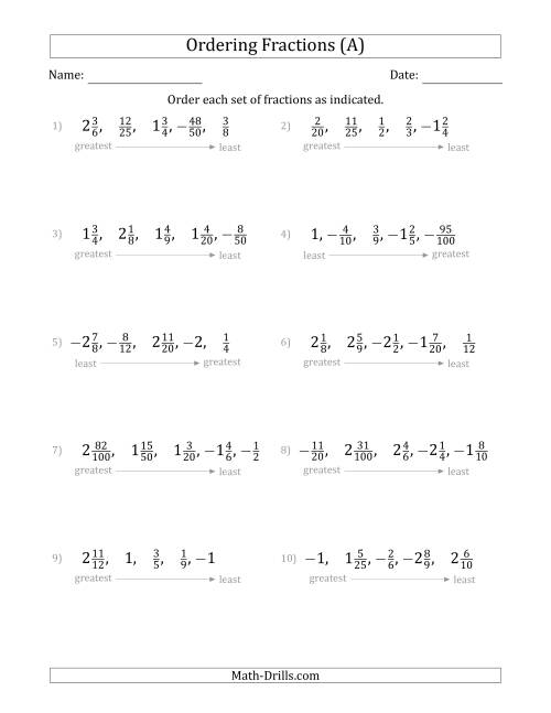 The Ordering Sets of 5 Positive and Negative Fractions with Mixed Fractions (A) Math Worksheet