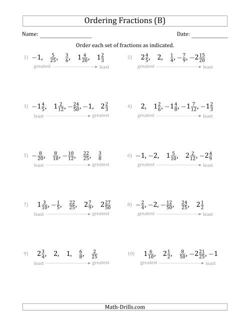 The Ordering Sets of 5 Positive and Negative Fractions with Mixed Fractions (B) Math Worksheet