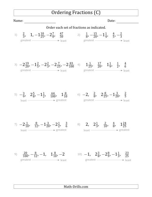 The Ordering Sets of 5 Positive and Negative Fractions with Mixed Fractions (C) Math Worksheet