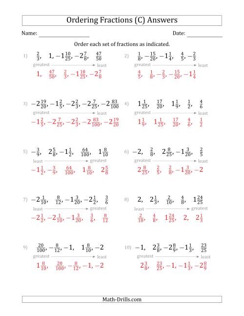 The Ordering Sets of 5 Positive and Negative Fractions with Mixed Fractions (C) Math Worksheet Page 2