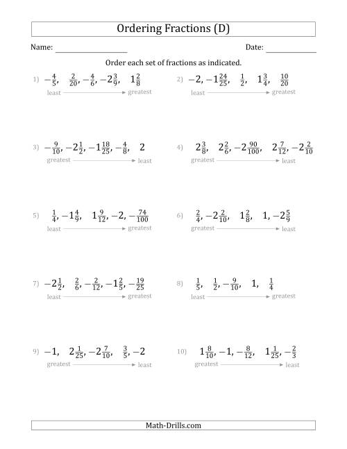The Ordering Sets of 5 Positive and Negative Fractions with Mixed Fractions (D) Math Worksheet