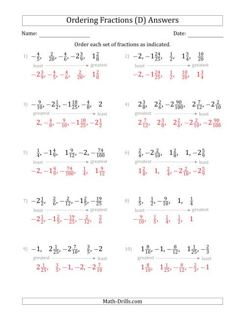 The Ordering Sets of 5 Positive and Negative Fractions with Mixed Fractions (D) Math Worksheet Page 2