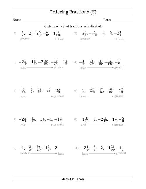 The Ordering Sets of 5 Positive and Negative Fractions with Mixed Fractions (E) Math Worksheet