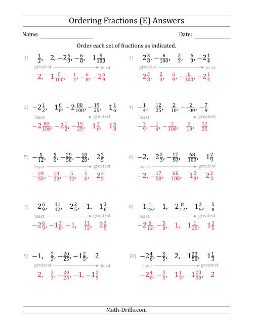 The Ordering Sets of 5 Positive and Negative Fractions with Mixed Fractions (E) Math Worksheet Page 2