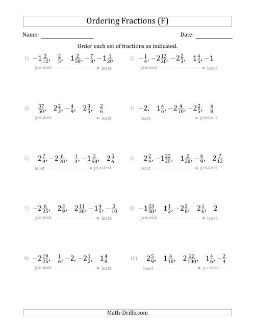 The Ordering Sets of 5 Positive and Negative Fractions with Mixed Fractions (F) Math Worksheet