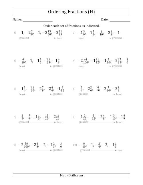 The Ordering Sets of 5 Positive and Negative Fractions with Mixed Fractions (H) Math Worksheet
