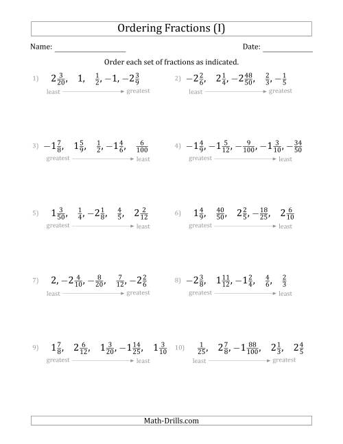 The Ordering Sets of 5 Positive and Negative Fractions with Mixed Fractions (I) Math Worksheet
