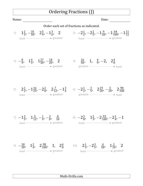 The Ordering Sets of 5 Positive and Negative Fractions with Mixed Fractions (J) Math Worksheet