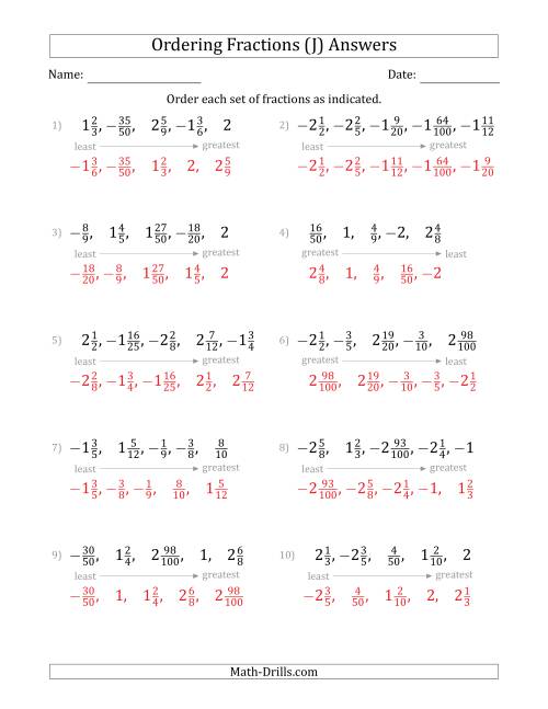 The Ordering Sets of 5 Positive and Negative Fractions with Mixed Fractions (J) Math Worksheet Page 2