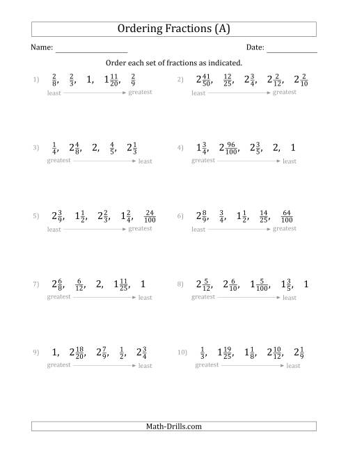 The Ordering Sets of 5 Positive Fractions with Mixed Fractions (A) Math Worksheet
