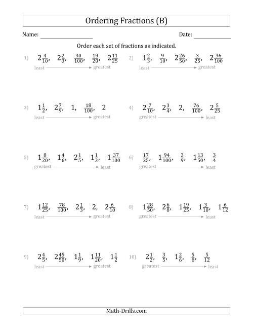 The Ordering Sets of 5 Positive Fractions with Mixed Fractions (B) Math Worksheet