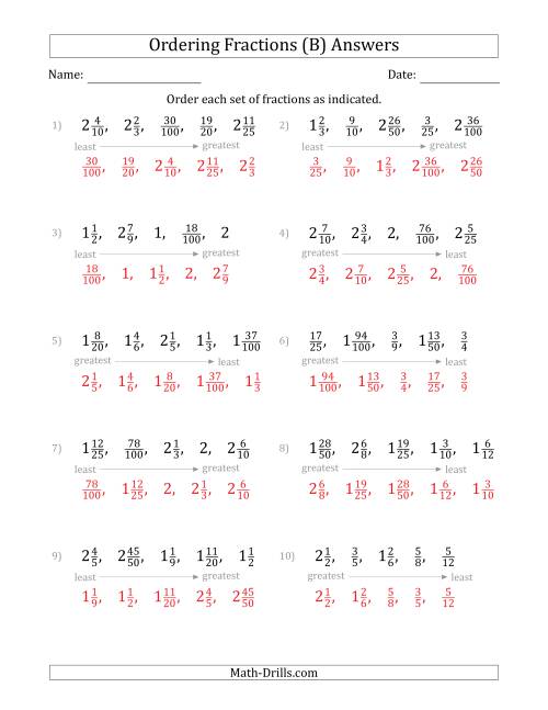 The Ordering Sets of 5 Positive Fractions with Mixed Fractions (B) Math Worksheet Page 2