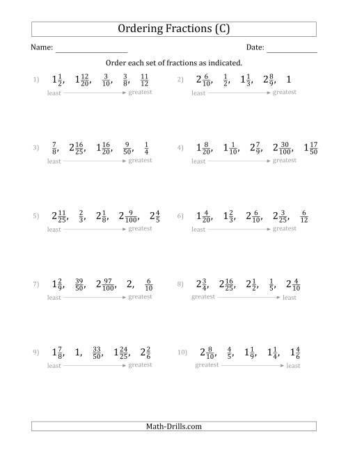 The Ordering Sets of 5 Positive Fractions with Mixed Fractions (C) Math Worksheet