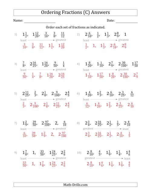 The Ordering Sets of 5 Positive Fractions with Mixed Fractions (C) Math Worksheet Page 2