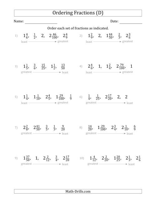 The Ordering Sets of 5 Positive Fractions with Mixed Fractions (D) Math Worksheet