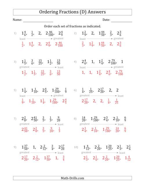 The Ordering Sets of 5 Positive Fractions with Mixed Fractions (D) Math Worksheet Page 2