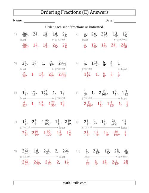 The Ordering Sets of 5 Positive Fractions with Mixed Fractions (E) Math Worksheet Page 2