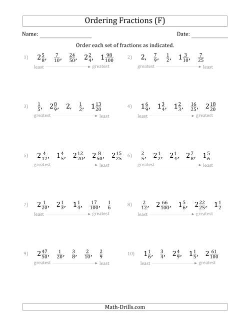 The Ordering Sets of 5 Positive Fractions with Mixed Fractions (F) Math Worksheet