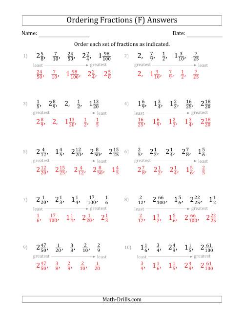 The Ordering Sets of 5 Positive Fractions with Mixed Fractions (F) Math Worksheet Page 2