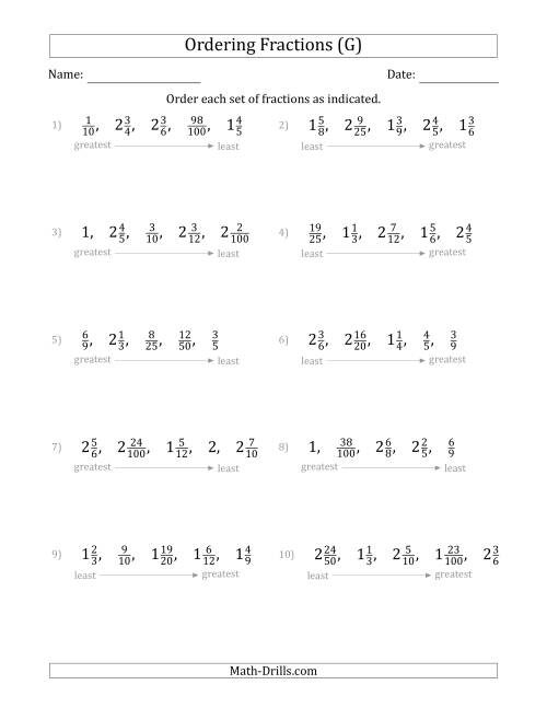 The Ordering Sets of 5 Positive Fractions with Mixed Fractions (G) Math Worksheet