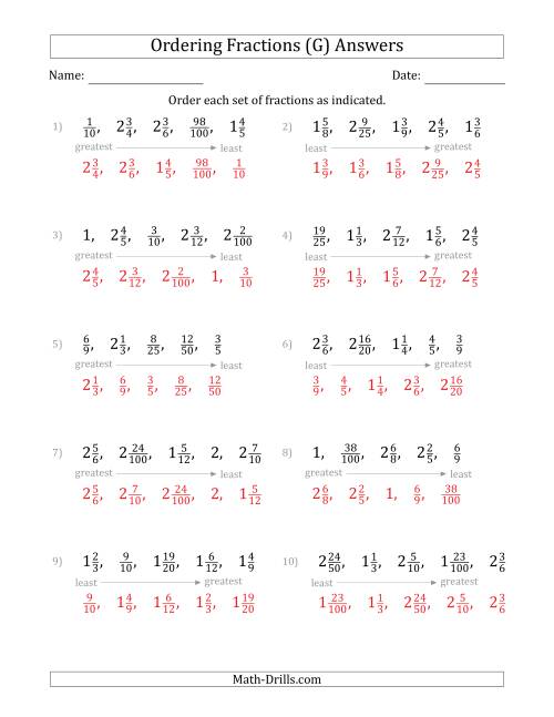 The Ordering Sets of 5 Positive Fractions with Mixed Fractions (G) Math Worksheet Page 2