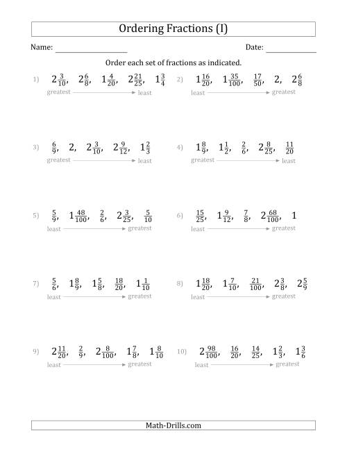 The Ordering Sets of 5 Positive Fractions with Mixed Fractions (I) Math Worksheet