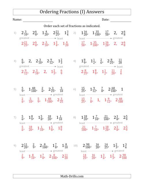 The Ordering Sets of 5 Positive Fractions with Mixed Fractions (I) Math Worksheet Page 2