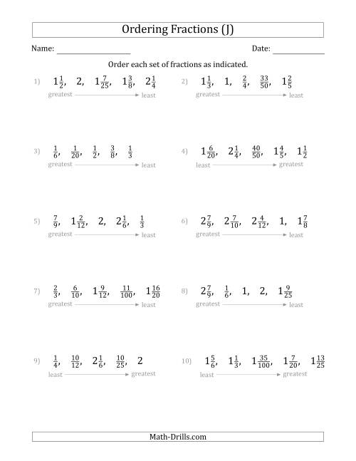 The Ordering Sets of 5 Positive Fractions with Mixed Fractions (J) Math Worksheet