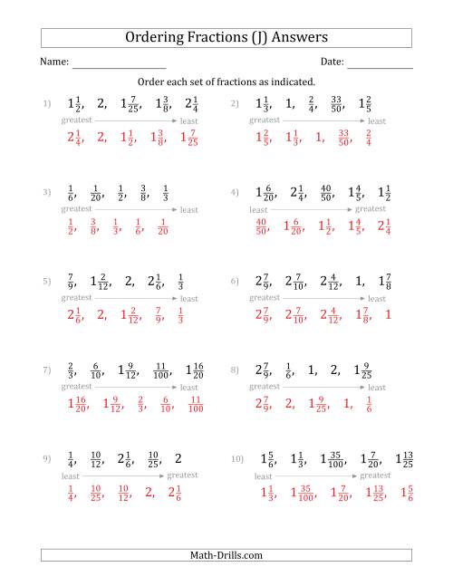 The Ordering Sets of 5 Positive Fractions with Mixed Fractions (J) Math Worksheet Page 2