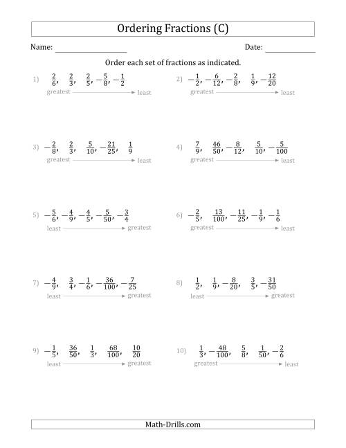 The Ordering Sets of 5 Positive and Negative Proper Fractions (C) Math Worksheet