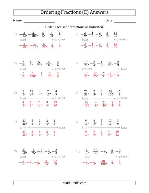 The Ordering Sets of 5 Positive and Negative Proper Fractions (E) Math Worksheet Page 2