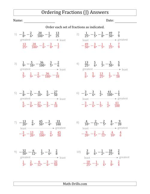 The Ordering Sets of 5 Positive and Negative Proper Fractions (J) Math Worksheet Page 2