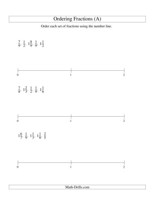 The Ordering Fractions on a Number Line -- All Denominators to 10 (A) Math Worksheet