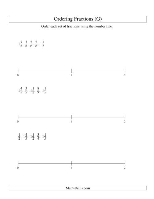 The Ordering Fractions on a Number Line -- All Denominators to 10 (G) Math Worksheet