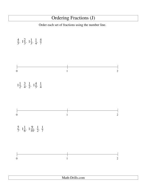 The Ordering Fractions on a Number Line -- All Denominators to 10 (J) Math Worksheet