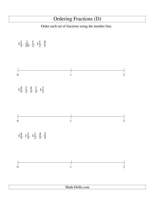 The Ordering Fractions on a Number Line -- Easy Denominators to 10 (D) Math Worksheet