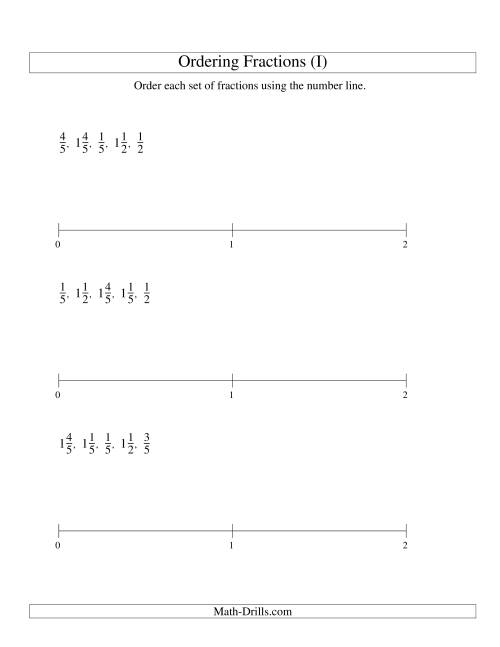 The Ordering Fractions on a Number Line -- Easy Denominators to 10 (I) Math Worksheet