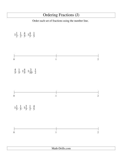 The Ordering Fractions on a Number Line -- Easy Denominators to 10 (J) Math Worksheet