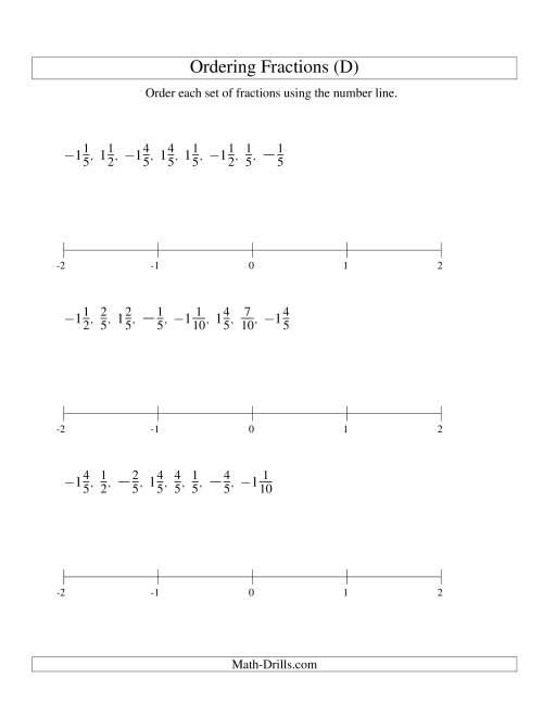 The Ordering Fractions on a Number Line -- Easy Denominators to 10 Including Negatives (D) Math Worksheet