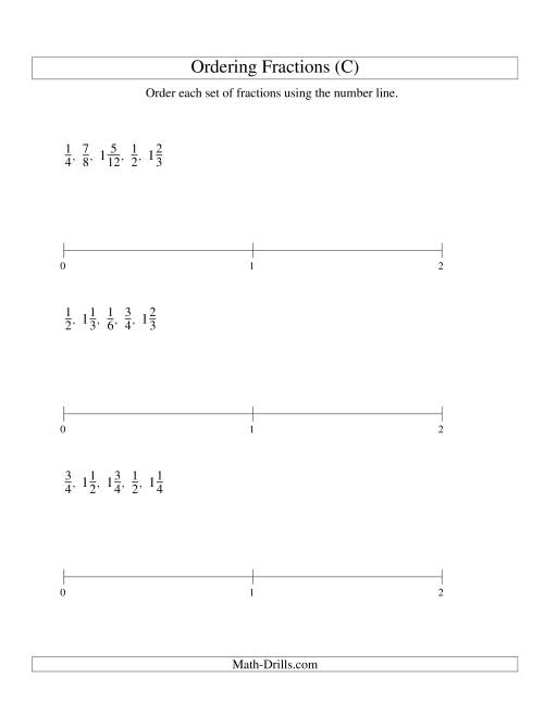 The Ordering Fractions on a Number Line -- Easy Denominators to 24 (C) Math Worksheet